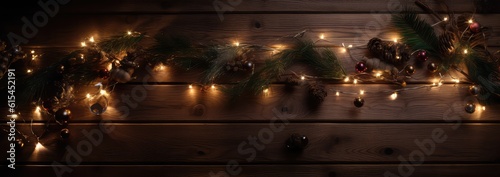banner of a dark wood texture with christmas decorations, christmas tree, christmas baubles and candles in a warm light environment. ai generative