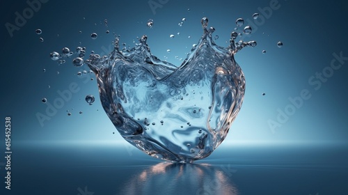 Transparent heart shape with water splashes on the blue simple minimalist surface. Generative Ai