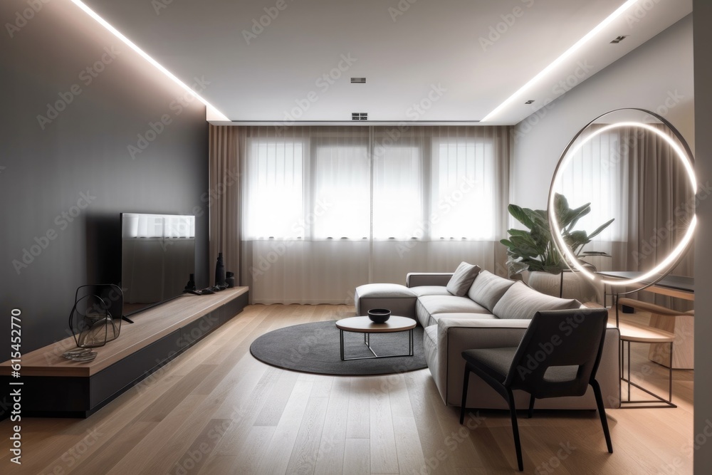 Image showcasing minimalist room, with simple lines and colors, that lets the viewer's ...
