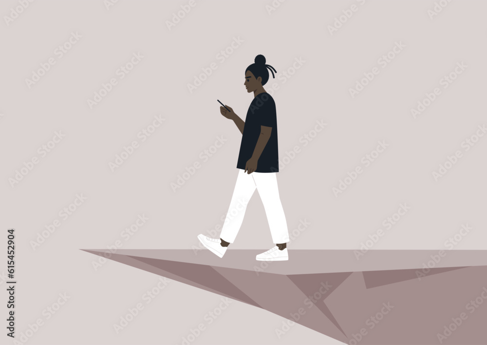 A young African character distracted by a smartphone striding to an abyss, nomophobia, millennial lifestyle A young African character distracted by a smartphone striding to an abyss, nomophobia, millennial lifestyle
