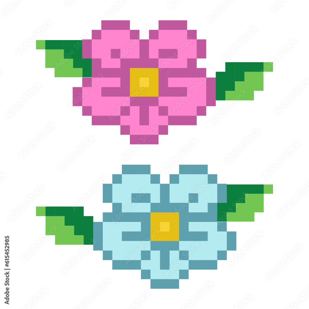 Flower with leave pixel art, pixel flower icon on white background Flower with leave pixel art, pixel flower icon on white background
