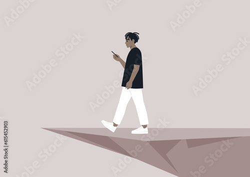 A young African character distracted by a smartphone striding to an abyss, nomophobia, millennial lifestyle