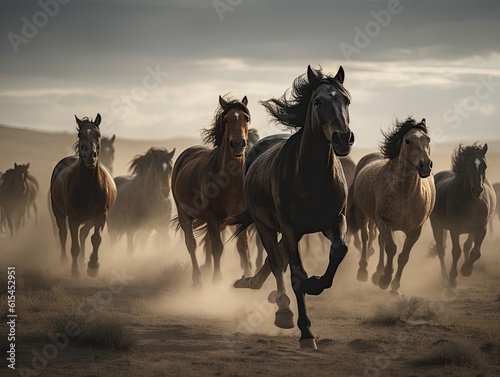 Herd of wild horses galloping, ai generative © neirfy