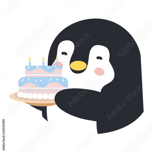 Happy penguin holding birthday cake