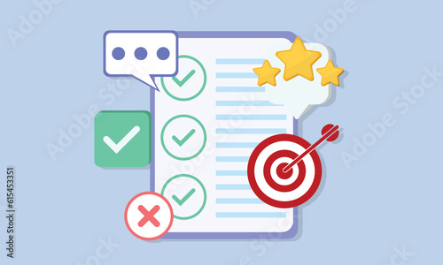 Customer survey form. Clipboard task management. Business project plan concept. Target marketing. Report with quality rating.