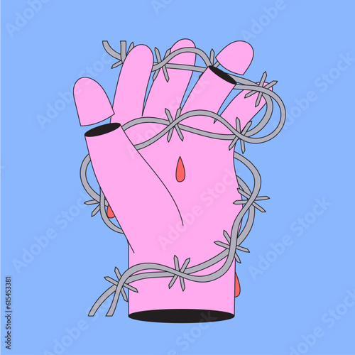 Tattoo doodle with outline hand bleeding cut by barbed steel wire. Creative print in 80s 90s groovy style for poster, cover, placard. Trendy textile or interior print decoration.