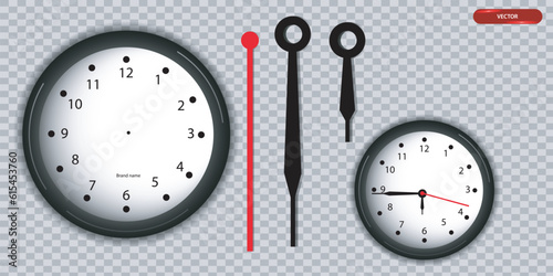 Realistic vector set of wall clock white color with hour and second, minute hands on transparent background