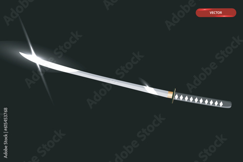 a katana sword belonging to a Japanese samurai, with ancient carvings and a light sweep