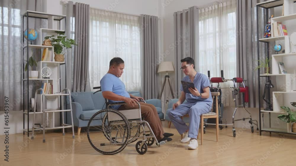 Full Body Side View Of Asian Male Nurse And Patient In Wheelchair Talking About Medical Test Results Of Legs On A Tablet After Physical Therapy At Home
Full Body Side View Of Asian Male Nurse And Patient In Wheelchair Talking About Medical Test Results Of Legs On A Tablet After Physical Therapy At Home