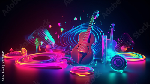 tema de estilo musical de fundo neon colorido instrumentos musicais abstratos layout 3d photo