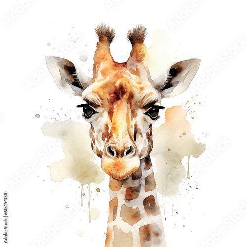 Beautiful giraffe, face close up, isolated on white background. Digital watercolour illustration. photo