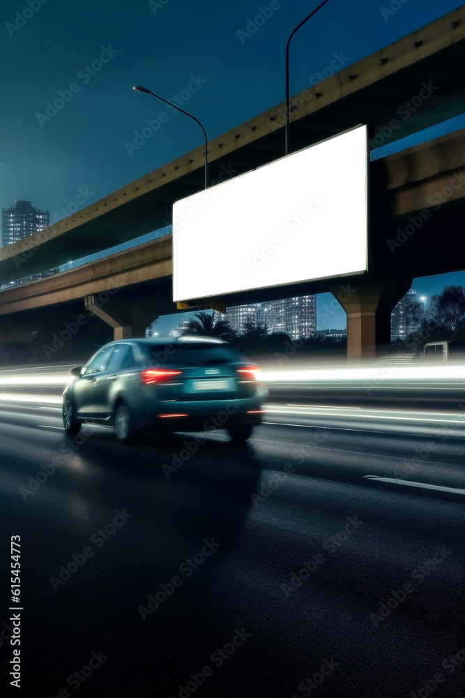 Advertising billboard white screen beside the expressway with car motion blur, generative ai Advertising billboard white screen beside the expressway with car motion blur, generative ai