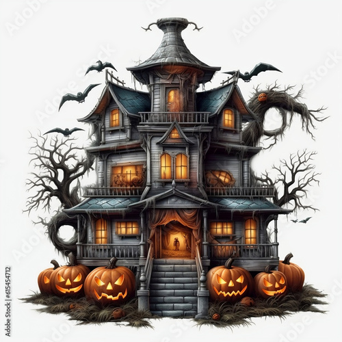 Halloween background with haunted house - illustration for Halloween Day AI Generative © Thararat