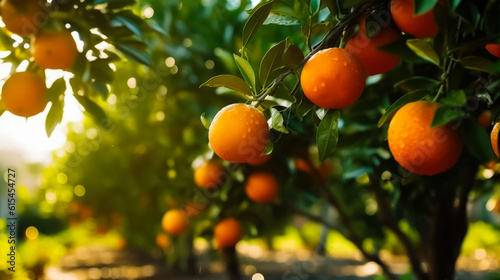 Ripe tangerines growing on trees in orchard, background with space for text, copy space, generative AI