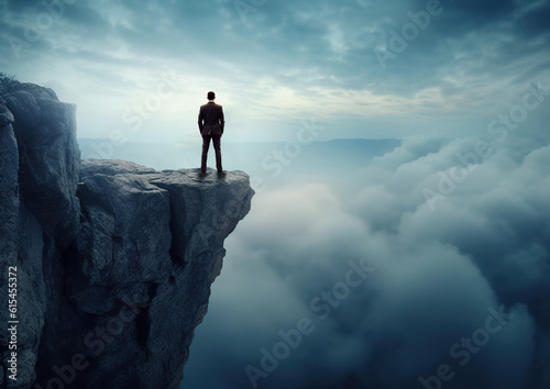 Businessman standing on top of a mountain and looking into the distance. generative AI image.