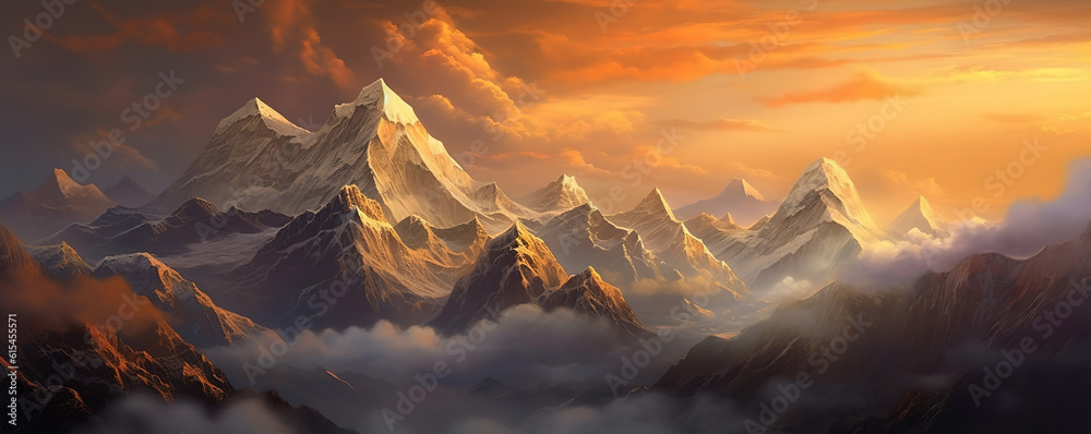Mountain landscape with snow and clouds at sunset. generative AI image.