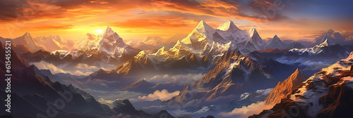 Mountain landscape with snow and clouds at sunset. generative AI image. © hakule
