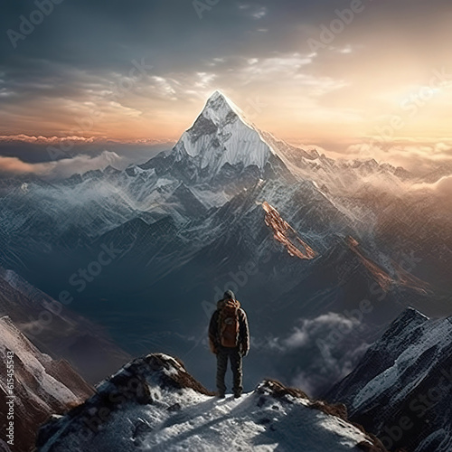 climber standing on top of a snow mountain and looking into the distance. generative AI image.