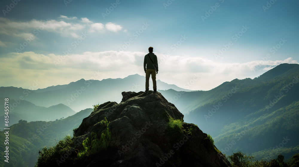 climber standing on top of a mountain and looking into the distance. generative AI image.