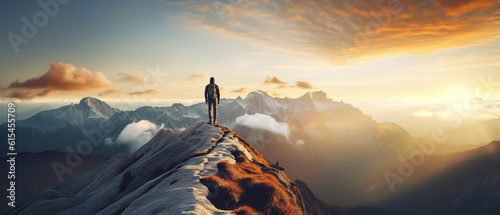 Photo climber standing on top of a snow mountain and looking into the distance