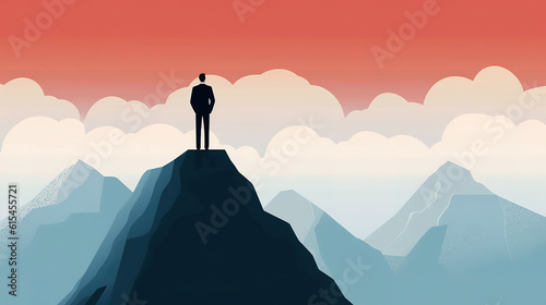 Silhouette of a businessman standing on top of a mountain. illustration art. generative AI image.