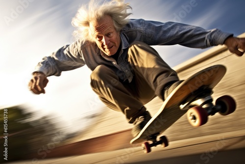 Close - up shot. The dynamic movement of an elderly man skateboarding at an impressive speed. Generative AI
