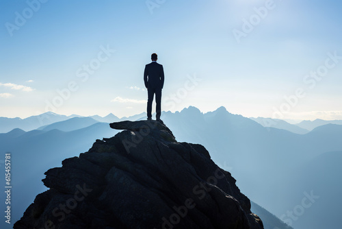 Businessman standing on top of a mountain and looking into the distance. generative AI image.