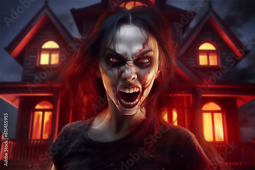 Adorable vampire woman zombie  in hallowwen night. Halloween concept. Post processed AI generated image.