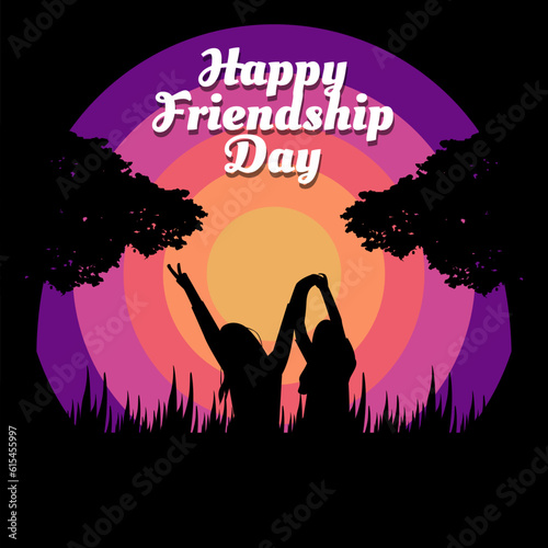 International friendship day on 30th july, sunset silhouette style poster greeting card design with two women friendship characters