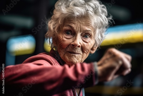 Close - up photograph. An old elderly woman as she engages in a sport exercise routine. Generative AI