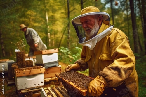 A close - up shot of a beekeeper tending to his beehives in a peaceful forest. Generative AI © Mustafa