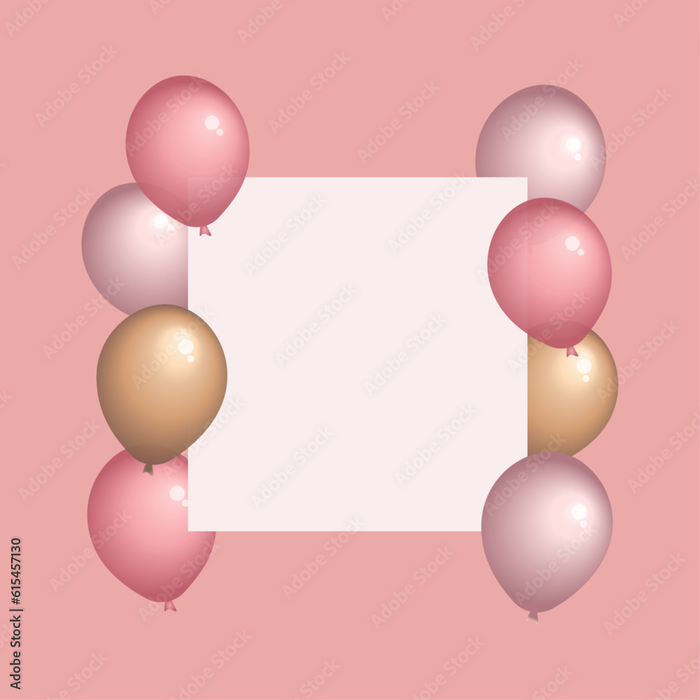 Realistic glossy gold, purple and pink balloon vector illustration with white frame on pink background. Balloons for birthday, holiday events, parties, weddings. Holiday party banner. Poster for sale