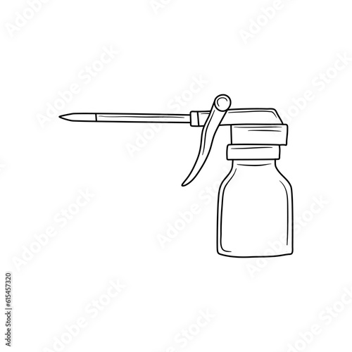 Oiler vector icon. Black outline of the lubricator. Line art of an oil pistol. Container for storing machine oil. Isolated illustration on a white background. Doodle hand drawn stroke