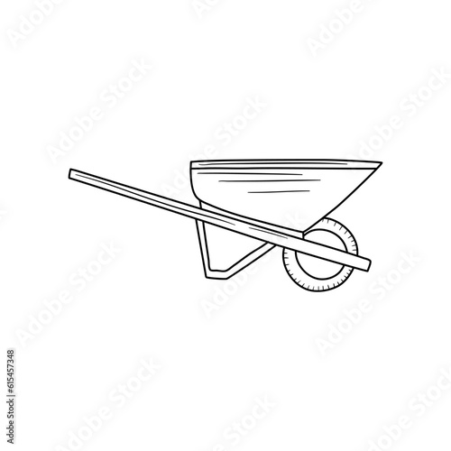 wheelbarrow cart isolated on white background. Vector illustration in doodle style. Black and white gardening tool.