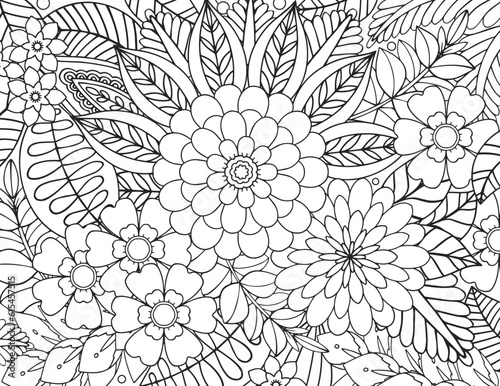 Flower meadow coloring page for children and adults.