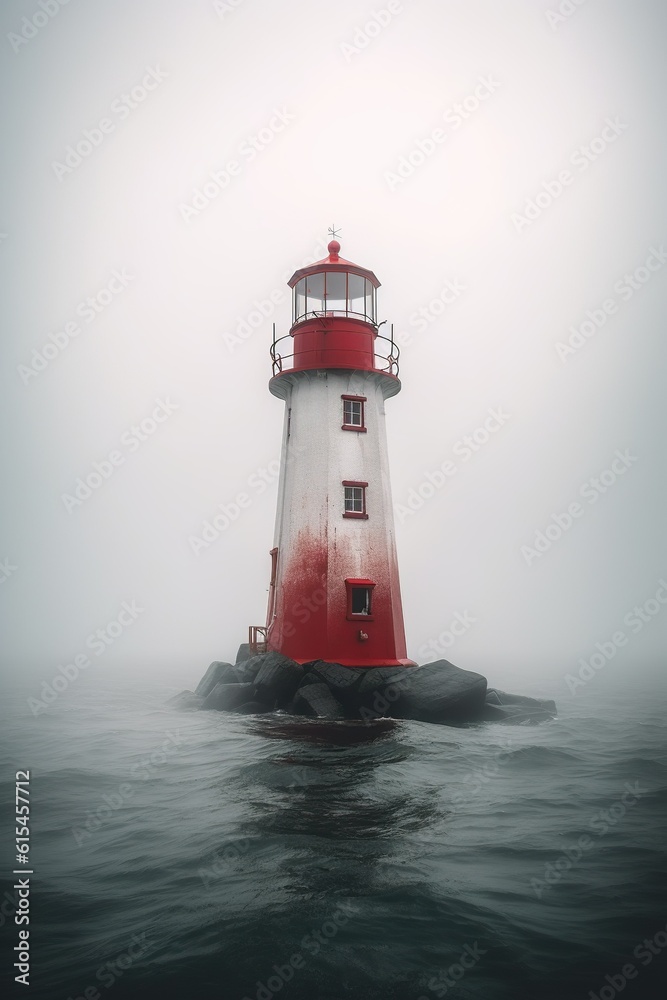 Misty Beacon: Discover the Enigmatic Lighthouse Amidst the Serene Rocky Island. Generative AI.