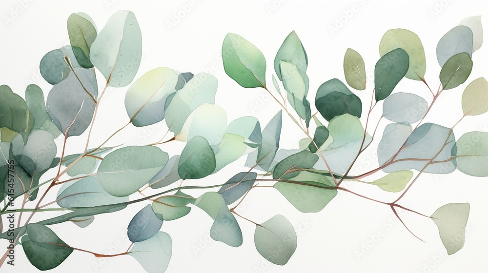 Ethereal Eucalyptus: Delight in the Serene Beauty of Watercolor Eucalyptus Leaves. Generative AI.