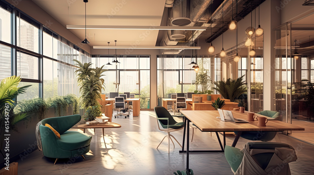 Elegant coworking in the city, workspace and desks, design, architecture. 