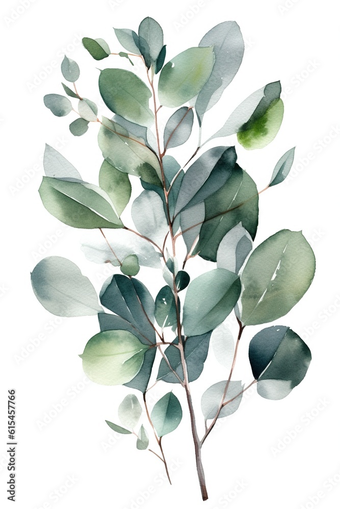 Ethereal Eucalyptus: Delight in the Serene Beauty of Watercolor Eucalyptus Leaves. Generative AI. Ethereal Eucalyptus: Delight in the Serene Beauty of Watercolor Eucalyptus Leaves. Generative AI.