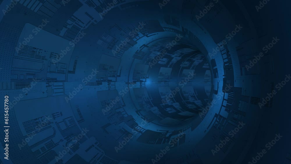 Animated royal blue sci-fi circular tunnel with electronic circuit board texture on surface background Animated royal blue sci-fi circular tunnel with electronic circuit board texture on surface background