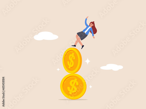 Financial instability concept. Uncertainty or unstable investment market, risky situation, economic recession, crisis or bankruptcy, businesswoman investor falling from stack of unstable money coins.
