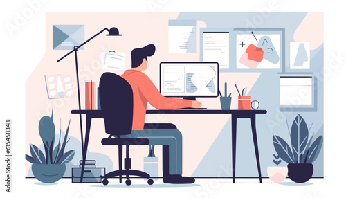 Working at home or office. Freelancers working on computer, remote work. Vector flat style illustration. Online career concept