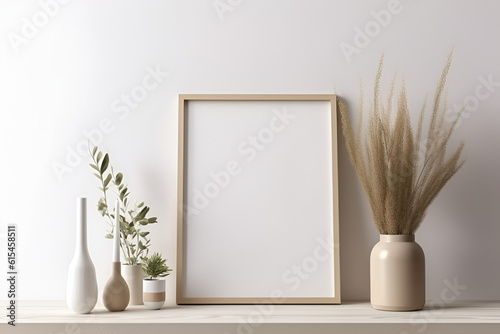 Poster mock up frame and vase on bookshelf or desk. White colors. 