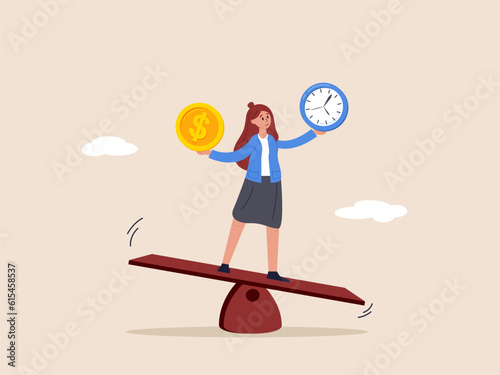 Make decision concept. Time and money balance, weight between work and life, long term investment or savings, control, cheerful business woman balance between time clock and dollar money on seesaw.