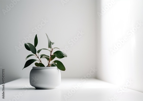 Minimalistic Plant in a Bowl: Serene Nature in White Room. Generative AI