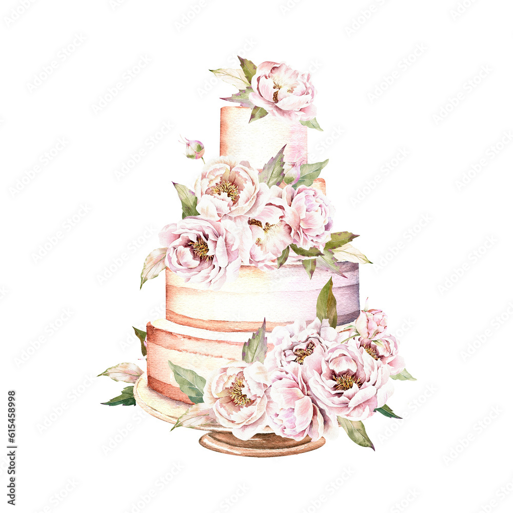 Beautiful wedding cake on a stand decorated with flowers., pink peonies and leaves. Hand drawn watercolor illustration of sweet dessert isolated on white background. Design for cards, invites Beautiful wedding cake on a stand decorated with flowers., pink peonies and leaves. Hand drawn watercolor illustration of sweet dessert isolated on white background. Design for cards, invites