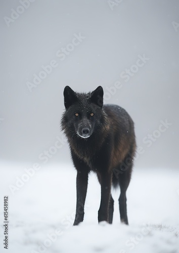 Solitary Black Wolf: A Captivating Minimalistic Encounter in the Snow. Generative AI