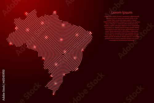 Brazil, map from futuristic concentric red circles and glowing stars for banner, poster, greeting card