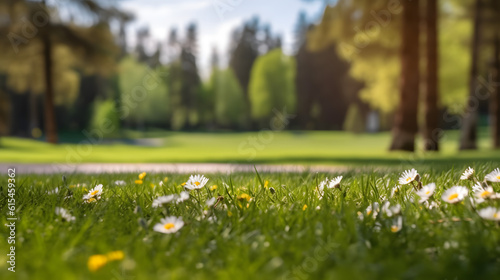 Beautiful blurred background image of spring nature with a neatly trimmed lawn surrounded by trees against a blue sky with clouds on a bright sunny day, --aspect 16:9