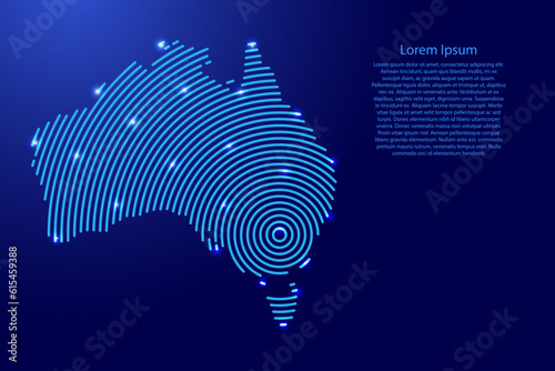 Australia, map from futuristic concentric blue circles and glowing stars for banner, poster, greeting card